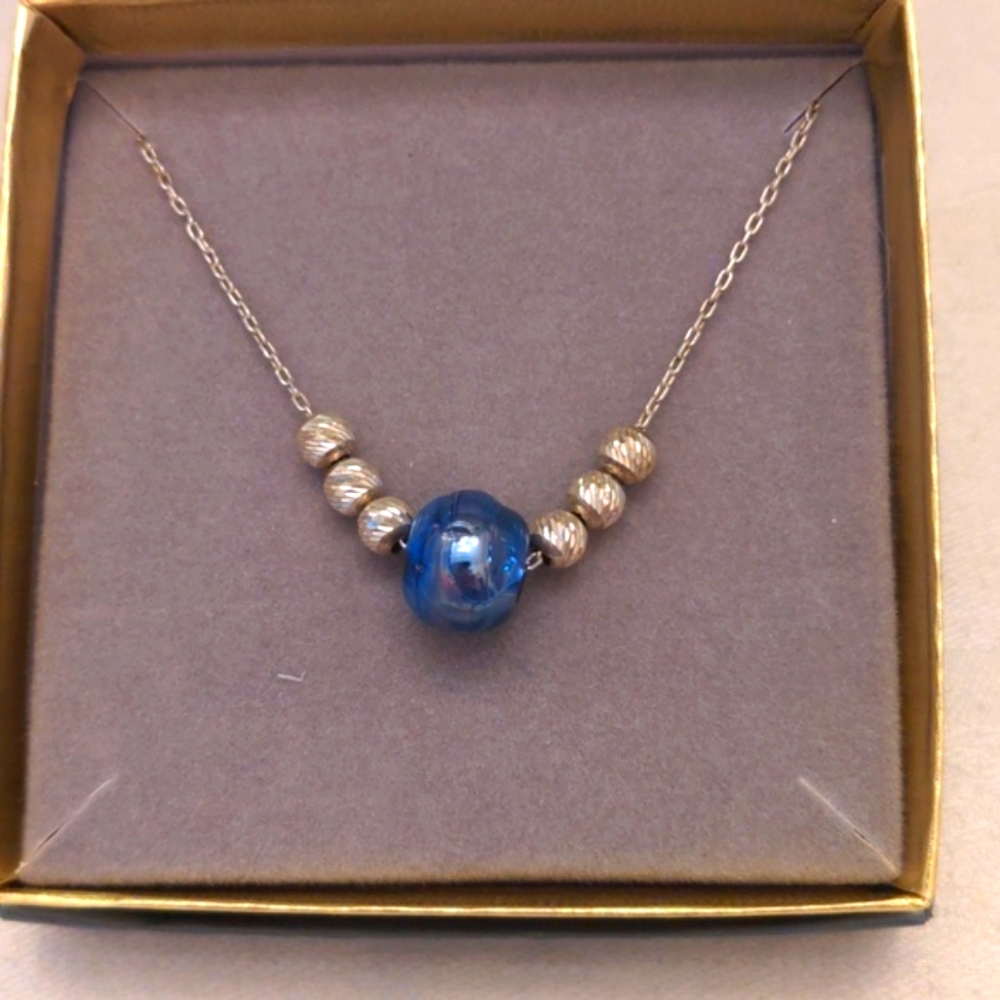 New Blue Lamp work glass & Sterling Silver Necklace, 18" American Artisan, Box